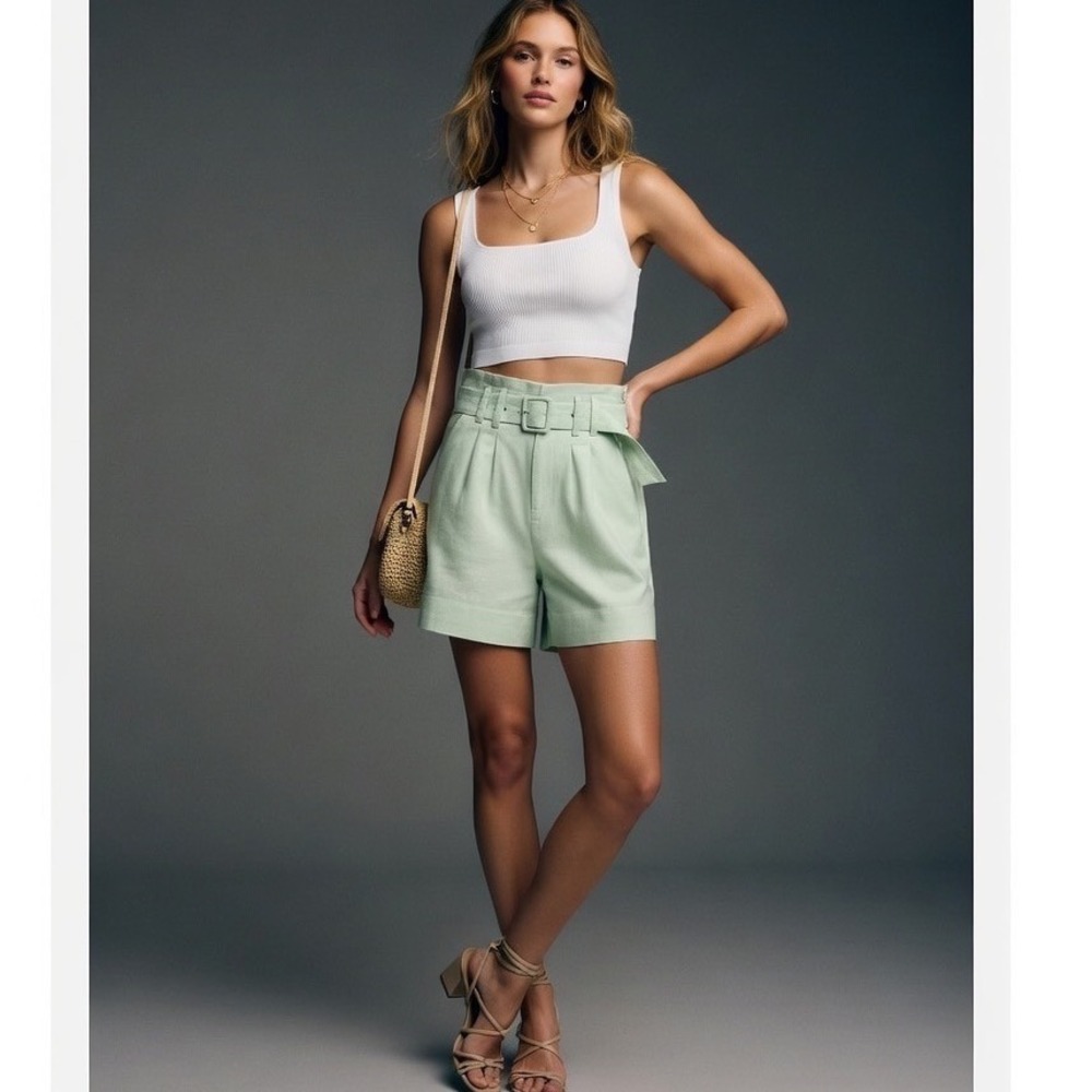 Abercrombie & Fitch Belted Shorts High Waist Pleated‎ Green Linen Blend Size S